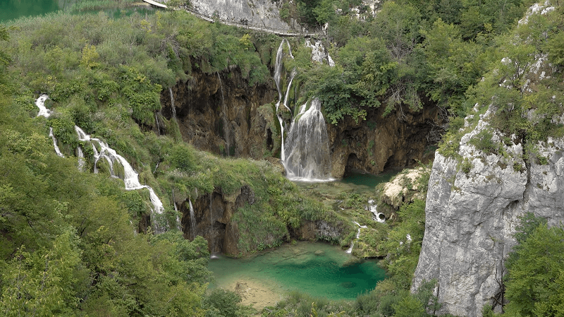 An aerial picture of Plitvice waterfall.